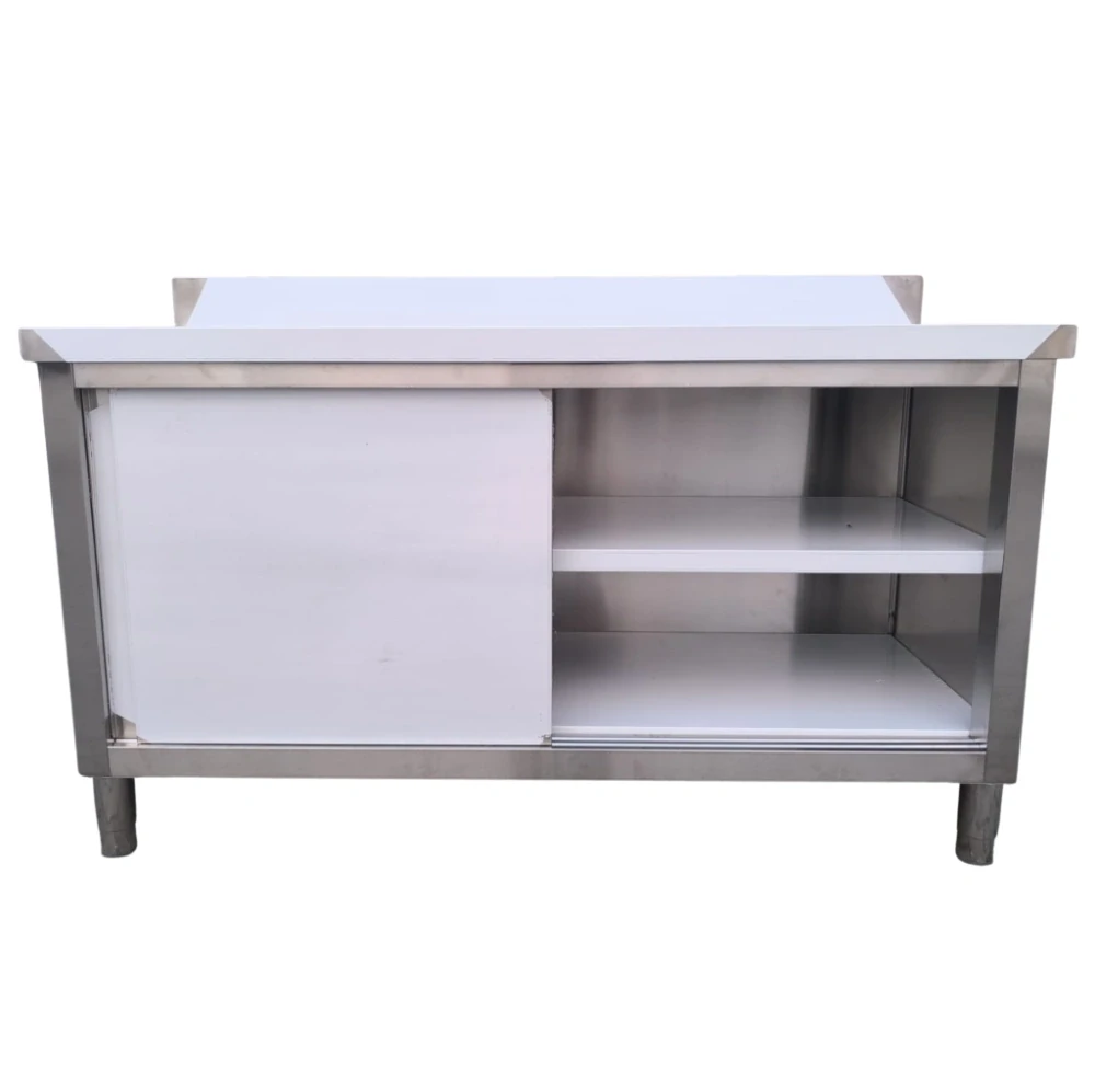 Nerezový skříňový stůl s posuvnými dveřmi – 150 x 60 x 85 cm