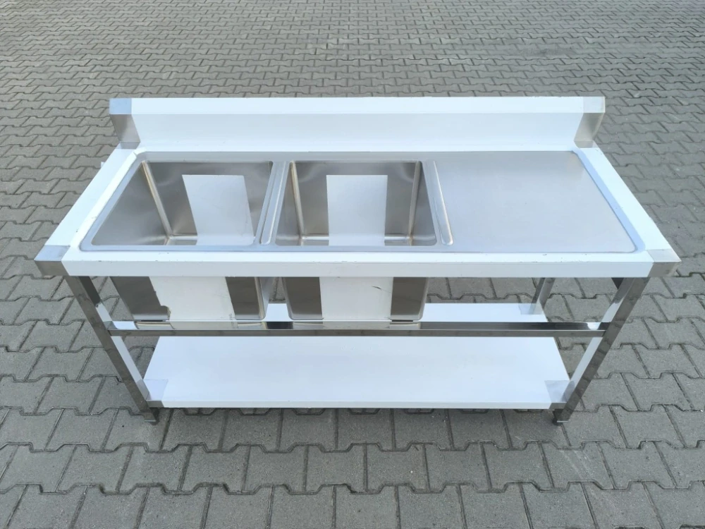 Gastro nerez dvojdřez, 150x60x85, s policí (dřezy vlevo / odkap vpravo)