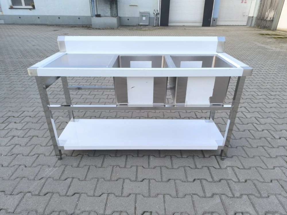 Gastro nerez dvojdřez, 150x60x85, s policí (dřezy vpravo/ odkap vlevo), sestavený