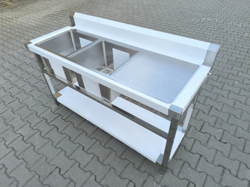 Gastro nerez dvojdřez, 150x60x85, s policí (dřezy vlevo / odkap vpravo)