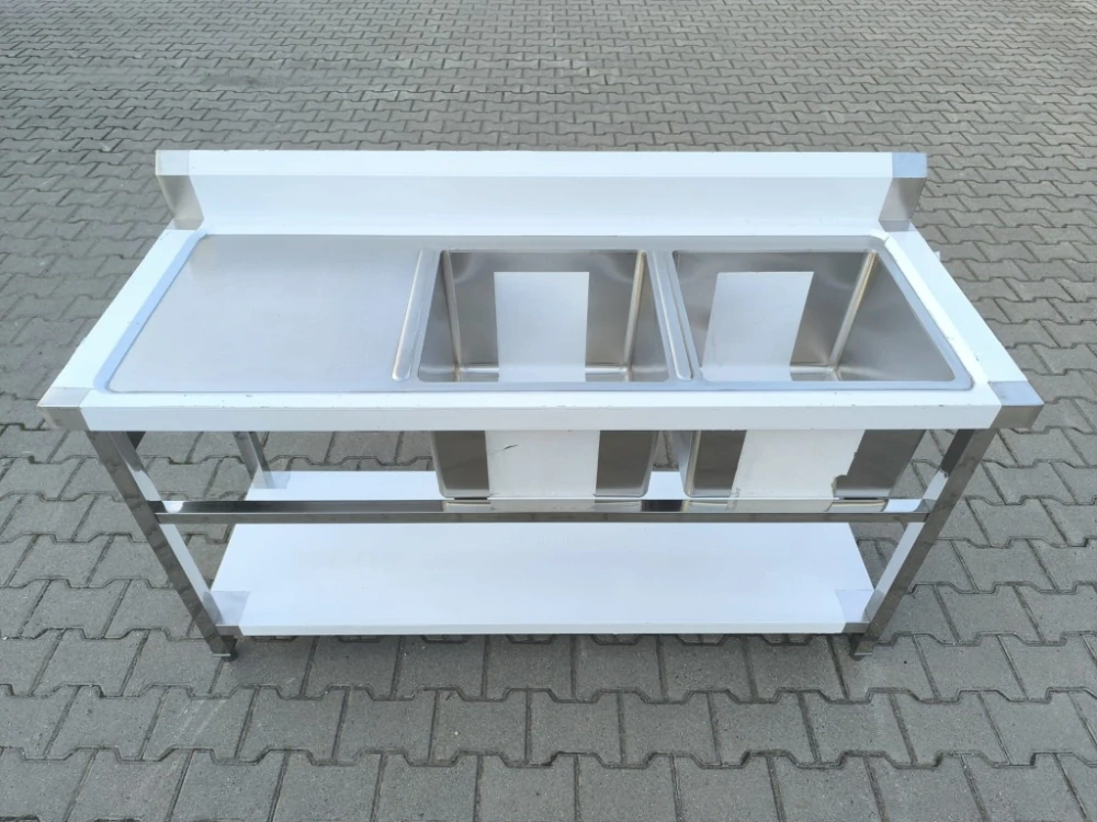 Gastro nerez dvojdřez, 150x60x85, s policí (dřezy vpravo/ odkap vlevo), sestavený