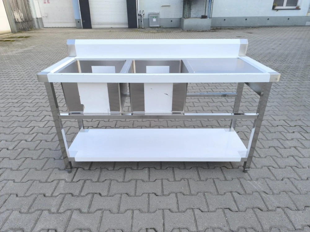 Gastro nerez dvojdřez, 150x60x85, s policí (dřezy vlevo / odkap vpravo)