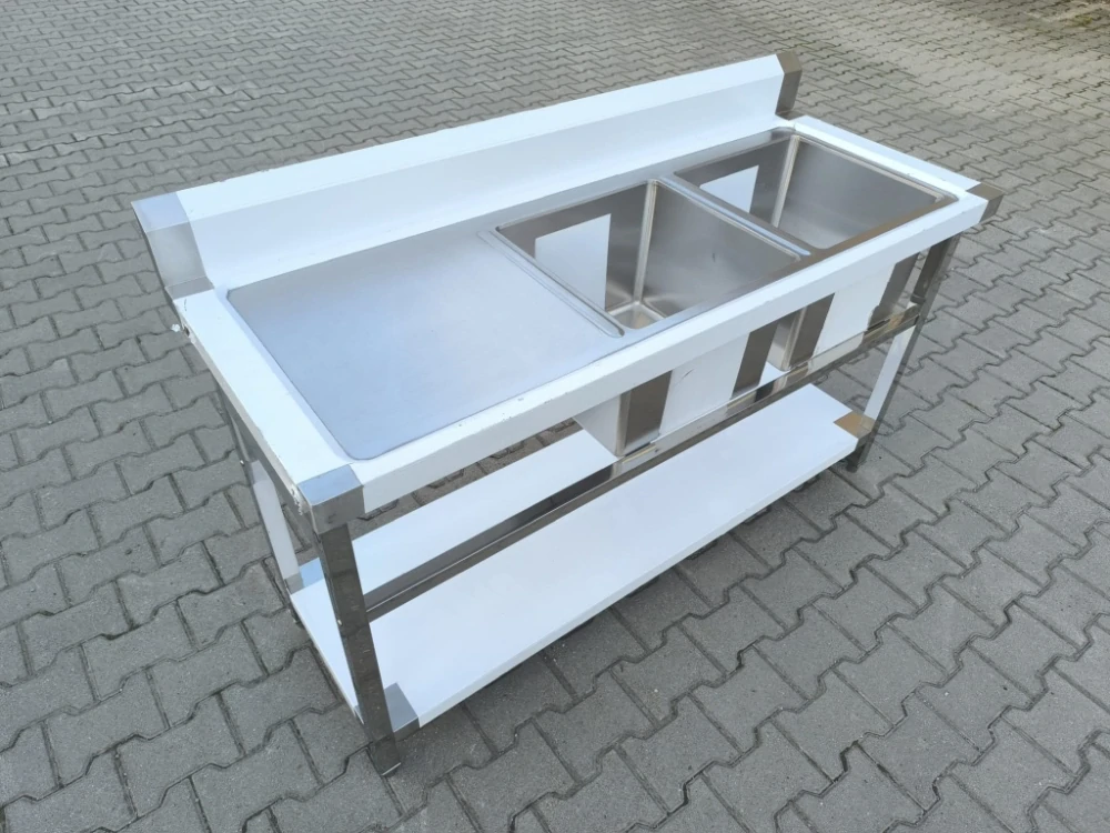 Gastro nerez dvojdřez, 150x60x85, s policí (dřezy vpravo/ odkap vlevo), sestavený